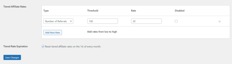 Tiered affiliate rates setting