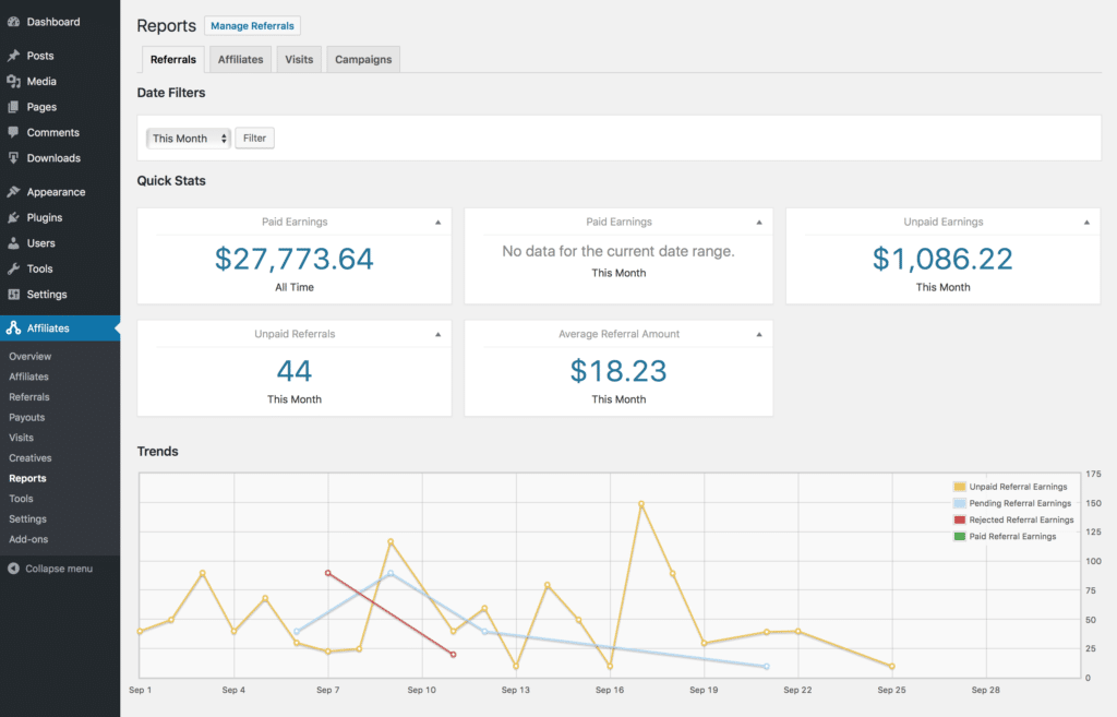AffiliateWP's Reports section