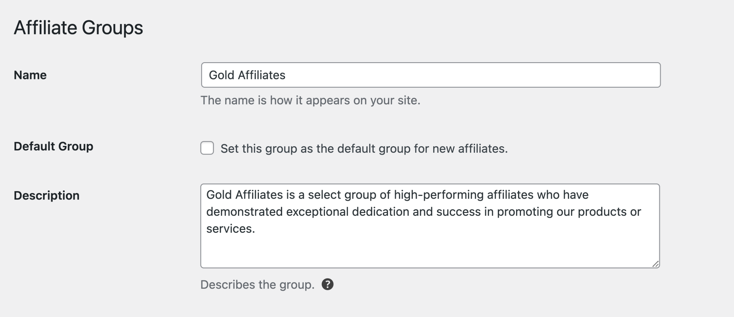 Enter a name and description for the group