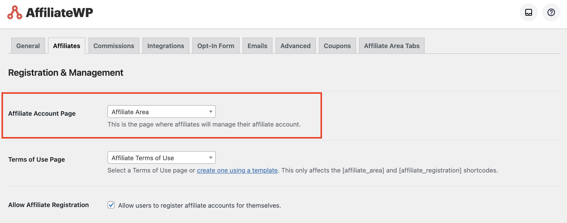 Select a different page other than affiliate area