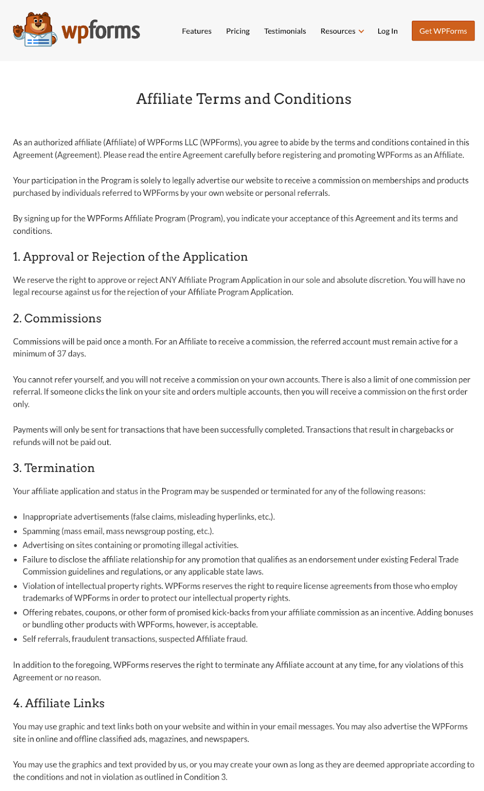 WPForms affiliate marketing terms and conditions