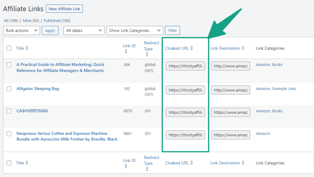 Copy-your-cloaked-affilite-link | ThirstyAffiliates Cloaked affiliate links on the ThirstyAffiliates dashboard