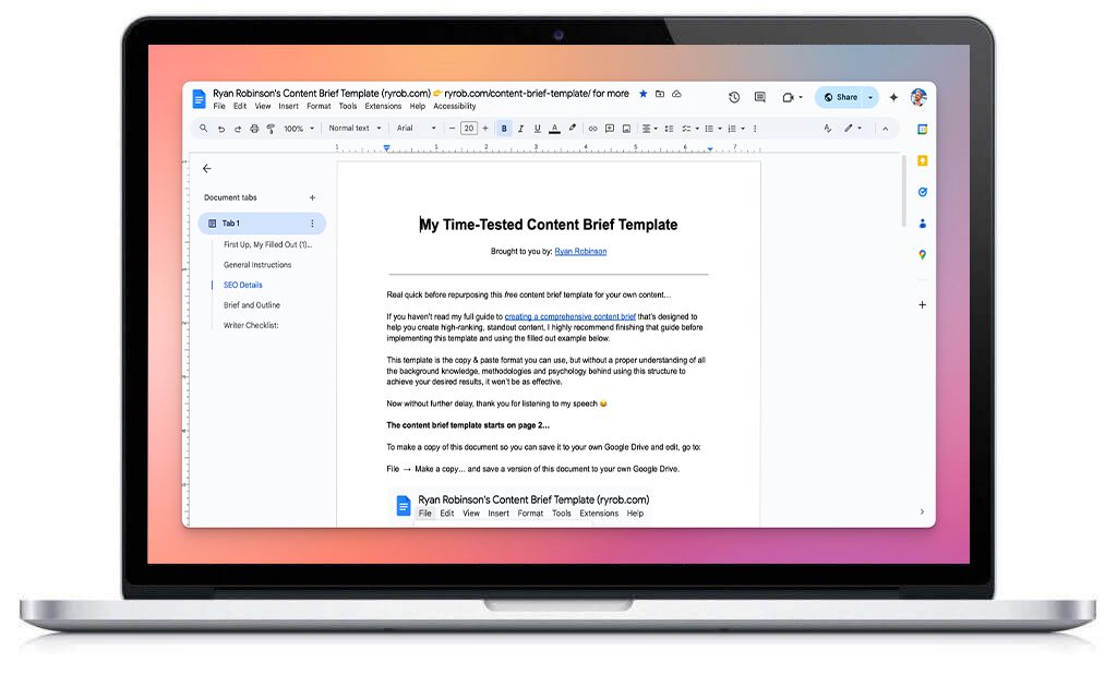 Ryan Robinson's Content Brief Template Download (Screenshot)