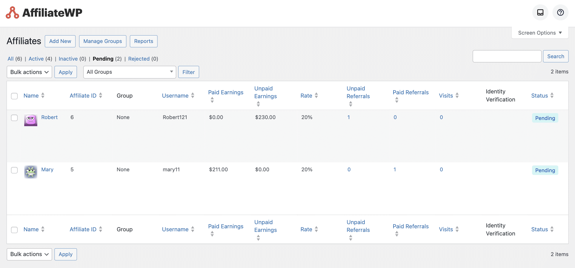 pending affiliates