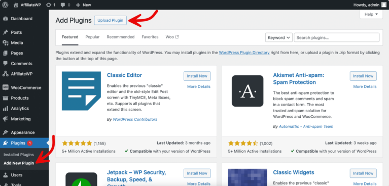 Upload AffiliateWP plugin on WordPress